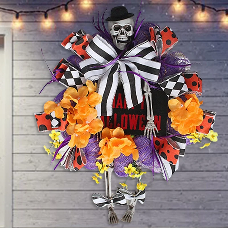 

Сетчатый венок на Хэллоуин для входной двери, сетчатый венок на Хэллоуин, пемпер и скелет человека с ногами, Забавный декор для крыльца на Хэллоуин