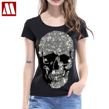 Camisas Fashion Femininas 6Cores S-4XL: Brilho Espelhado e Metálico 9 Beautiful Skulls T-shirt Women 2024 Summer Short Sleeve Tops Lady Fashion Streetwear Slim Cotton Tshirts Rhinestone Size S-5XL
