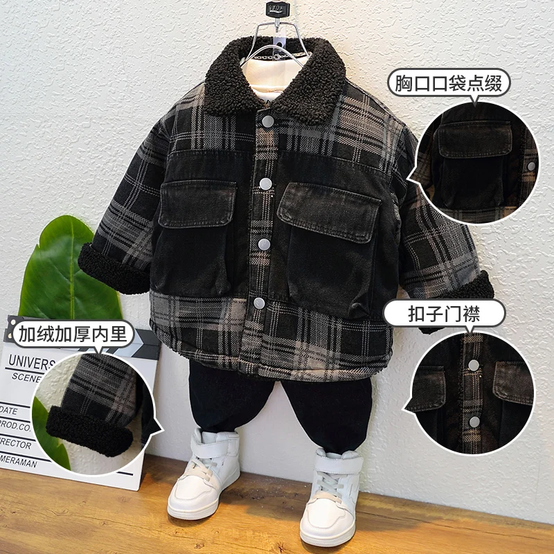 

Winter Children's plaid patchwork Coat Boys Denim Jacket Fleece Lined Cute Sherpa Collar Snap Button 2-11Y