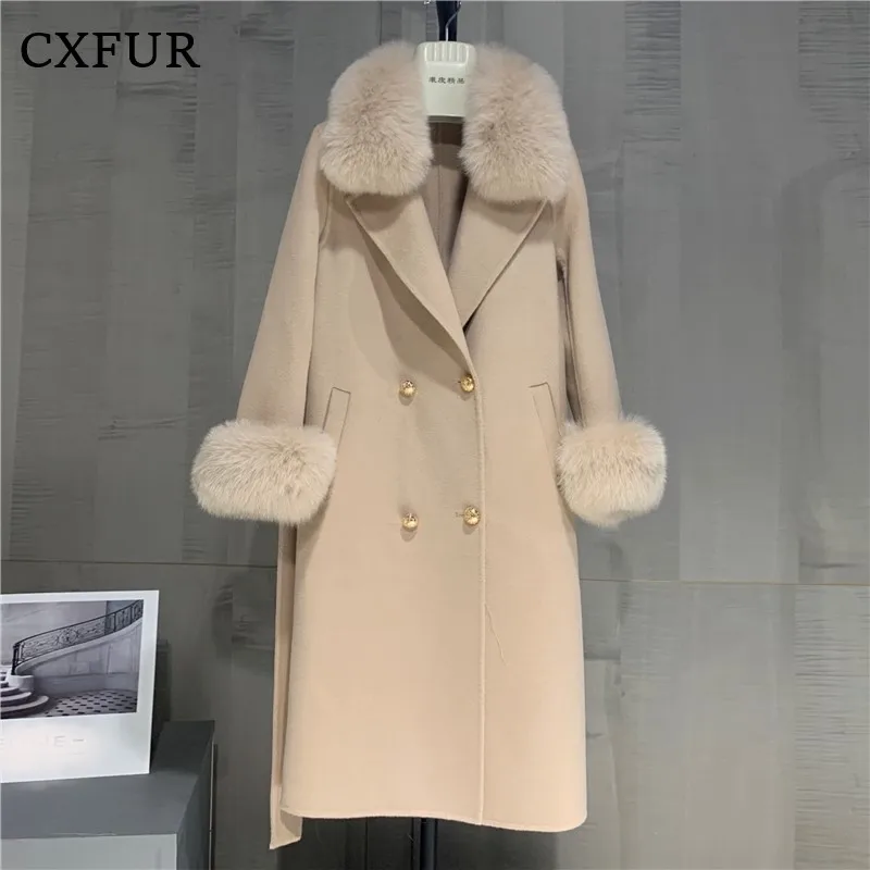 

Classic Style Real Fox Fur Collar & Cuffs Wool Cashmere Coat with Belt CX-G-T-20A