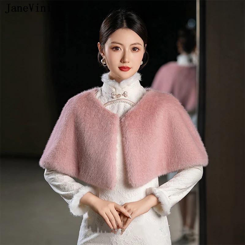

JaneVini 2023 Elegant Bridal Faux Fur Wraps Shawls Winter Wedding Bolero Warm Cape Outerwear Pink Shrug Women Prom Jacket Cloak