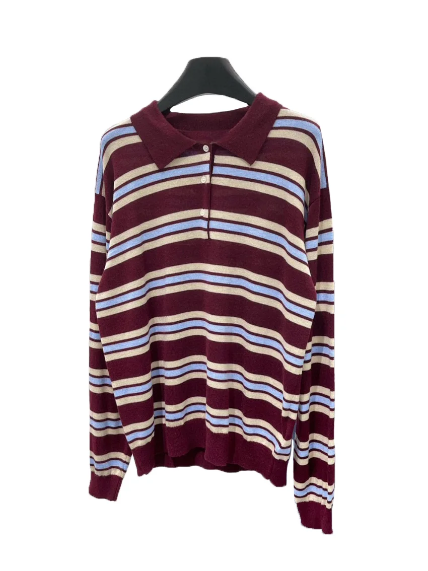 

Jumper jacket lapel short loose version hit the colour stripe design warm and comfortable 2024 winter new 0103