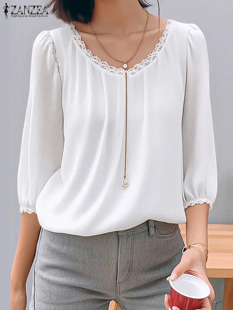 

Elegant Women Fashion 3/4 Sleeve Lace Patchwork Shirt 2024 ZANZEA Summer Office Work Blouse Casual Party Tops OL Blusas Chemise