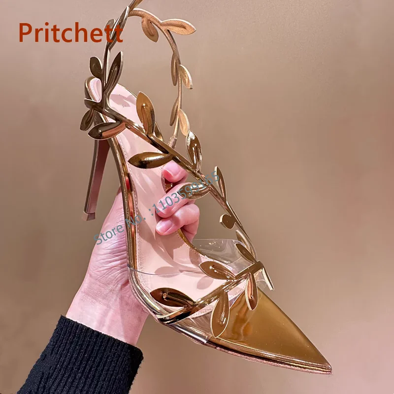 

Metal Leaves Cross Sandals Thin Heels Pointy Toe Slingback Women's Shoes Slip On Solid Luxury Gold Stiletto Shoes Summer Sexy