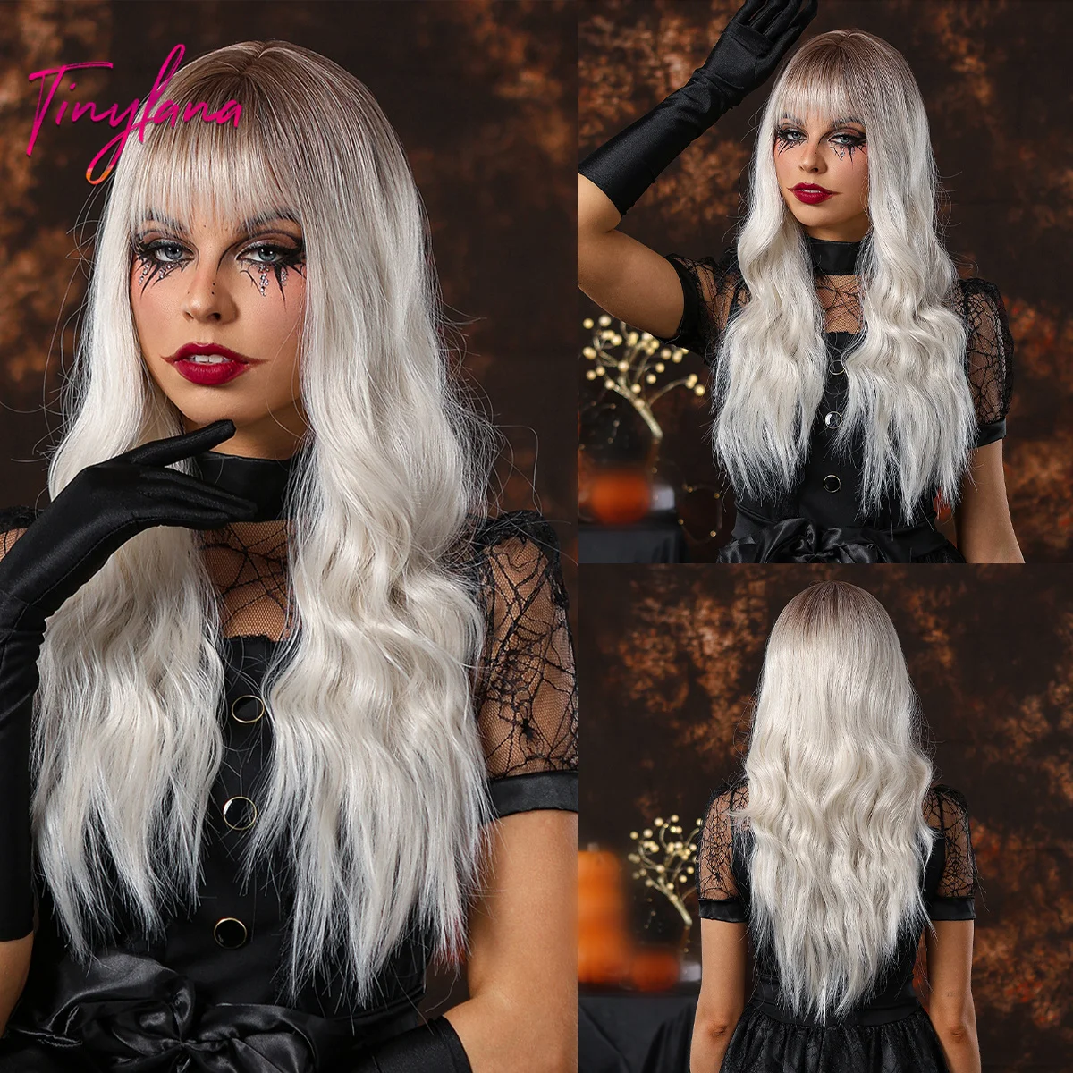 

Long Platinum Ombre Wavy Synthetic Wig with Bang for Women Afro Halloween Cosplay Party Lolita Natural Daily Heat Resistant Hair
