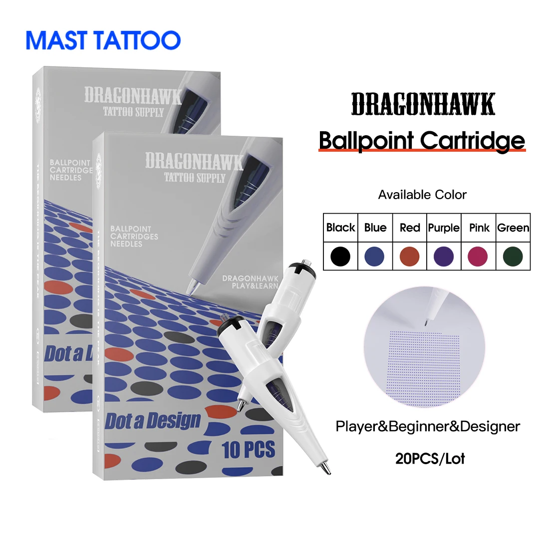 

Dragonhawk Ballpoint Tattoo Cartridge Needles for Player&Beginner&Designer Drawing Practice Tattoo Refill Multicolor Stippling