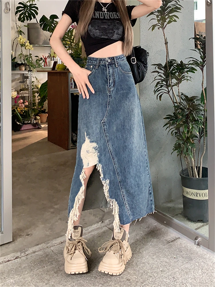 

Женская джинсовая юбка-карандаш, прямая трапециевидная юбка средней длины с Боковым Разрезом и высокой талией, модель F31 на весну и лето, 2024