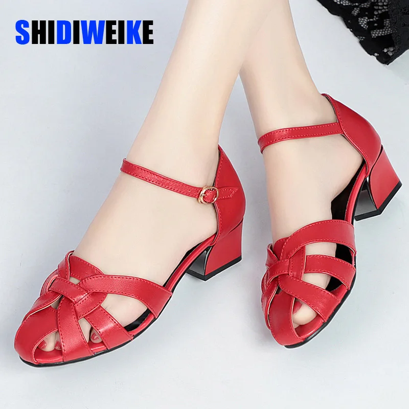 

SDWK 4.5CM Women Leather sandals Black Buckle Strap High Heel Shoes Lady Casual Red Comfort Summer Stiletto Heels Office
