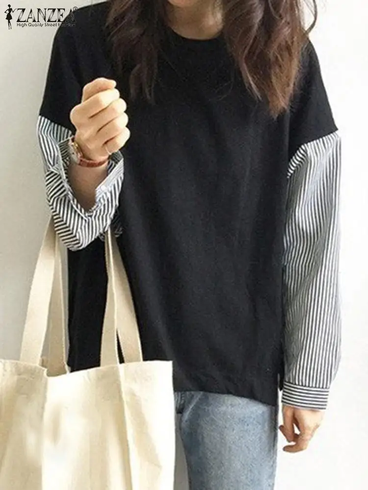 

Повседневная Свободная блузка ZANZEA 2023, женские толстовки с длинным рукавом, Осенний пуловер в стиле пэчворк с круглым вырезом, корейские хлопковые топы оверсайз