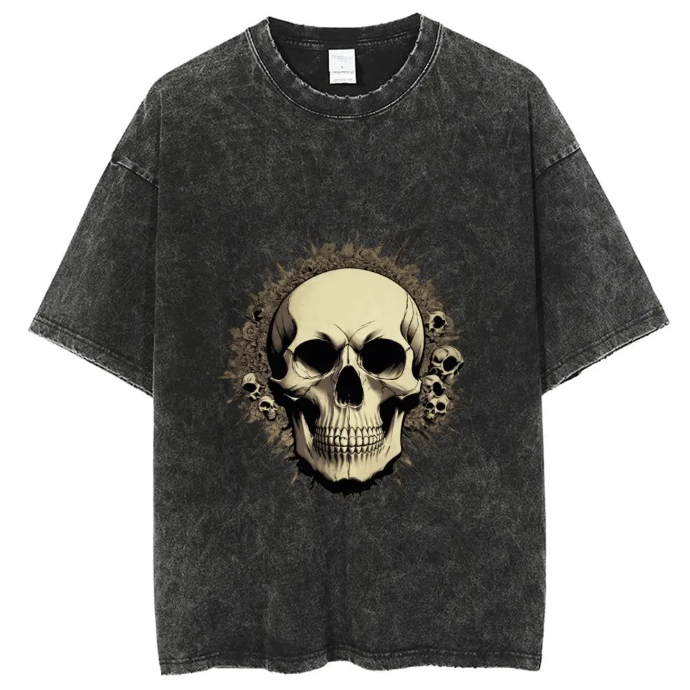 

Винтажная уличная футболка в стиле хип-хоп для мужчин, Необычная футболка оверсайз с графическим принтом черепа, хлопковые топы, футболки, промытая футболка с коротким рукавом