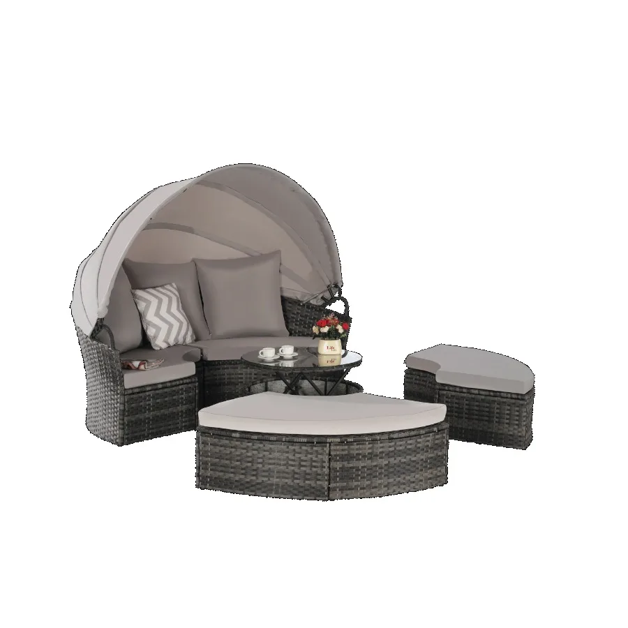 5 Pieces Outdoor Patio Round Daybed Furniture Wicker Conversation Set with Retractable Canopy Soft Cushions and Storable Table 5 Pieces Outdoor Patio Round Daybed Furniture Wicker Conversation Set with Retractable Canopy Soft Cushions and Storable Table