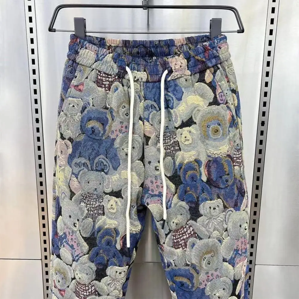 

Mid-waist Pants Men's Bear Print Harem Pants Casual Streetwear with Elastic Waist Pockets for Autumn Winter Loose Fitting Trendy