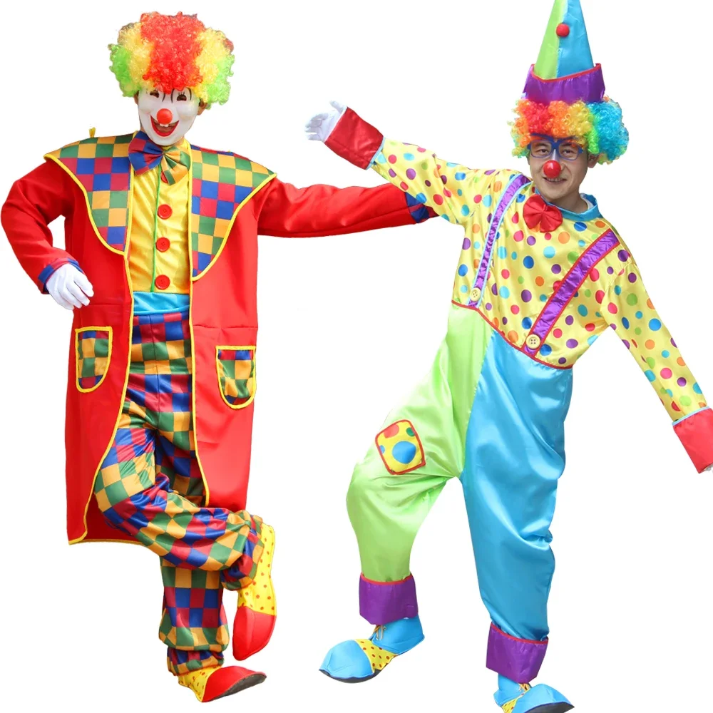 

Halloween Adult Men Funny Circus Clown Jumpsuit Carnival Party Cosplay Men Costume Performance Suits No Wig and Mask