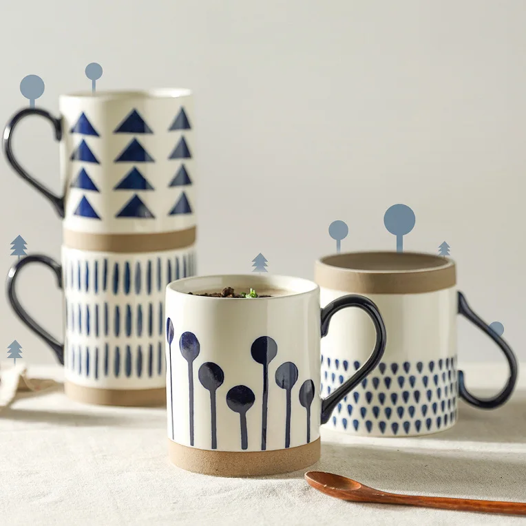 

500ML Large Capacity Ceramic Coffee Mug Nordic Hand Painted Geometric Milk Oatmeal Cup with Handle Handmade Breakfast Juice Cup