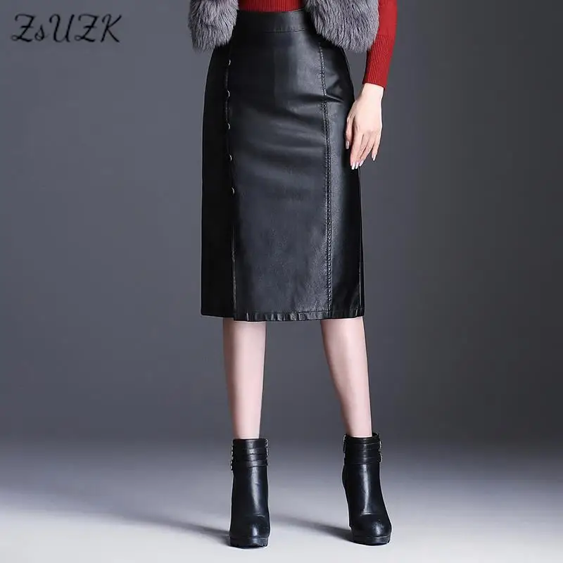 

ZUZK Women PU Leather Bodycon Skirts Fall Winter Button Decorate Slit High Waist Office Lady Straight Skirt Midi Skirt 4XL 5XL