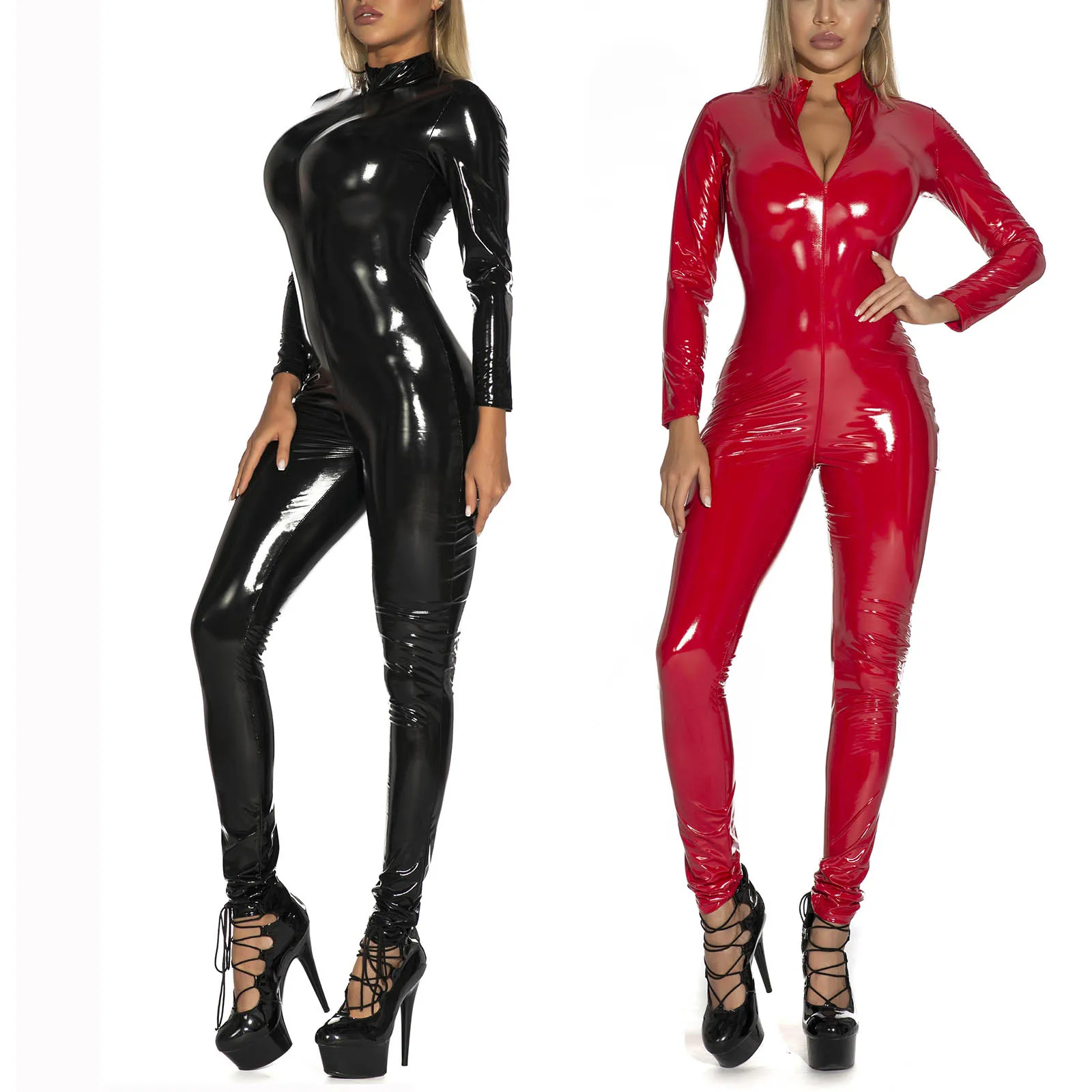 

Women Patent Leather Bodysuit Sexy Shiny Wet Look Zipper Open Crotch Leotard Jumpsuit Long Sleeve Elasitc Tight Catsuit Clubwear