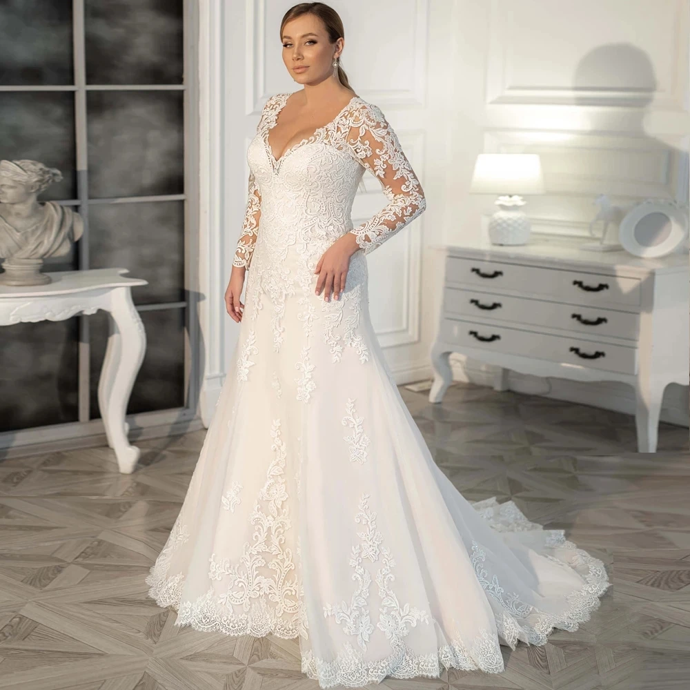 

Elegant Mermaid Ivory Wedding Dresses Lace Plus Size Gowns Long Sleeves Applique Bridal 2022 Vestido de Novia