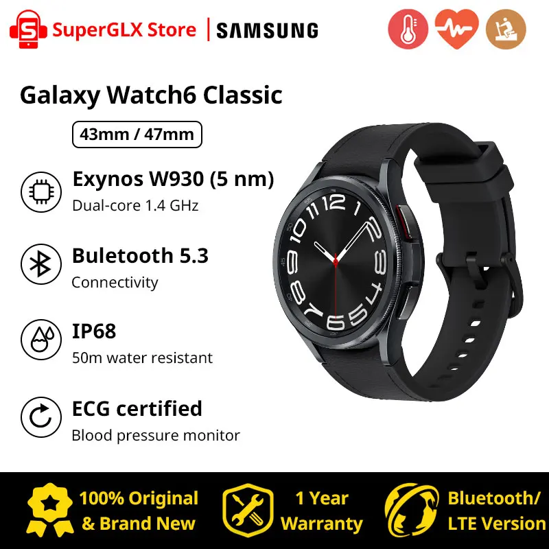 Samsung Galaxy Watch 6 Classic 43/47mm Smart Watch Fitness Tracker Heart Monitor ECG certified Super AMOLED IP68 Sports Watch
Samsung Galaxy Watch 6 Classic 43/47mm Smart Watch Fitness Tracker Heart Monitor ECG certified Super AMOLED IP68 Sports Watch