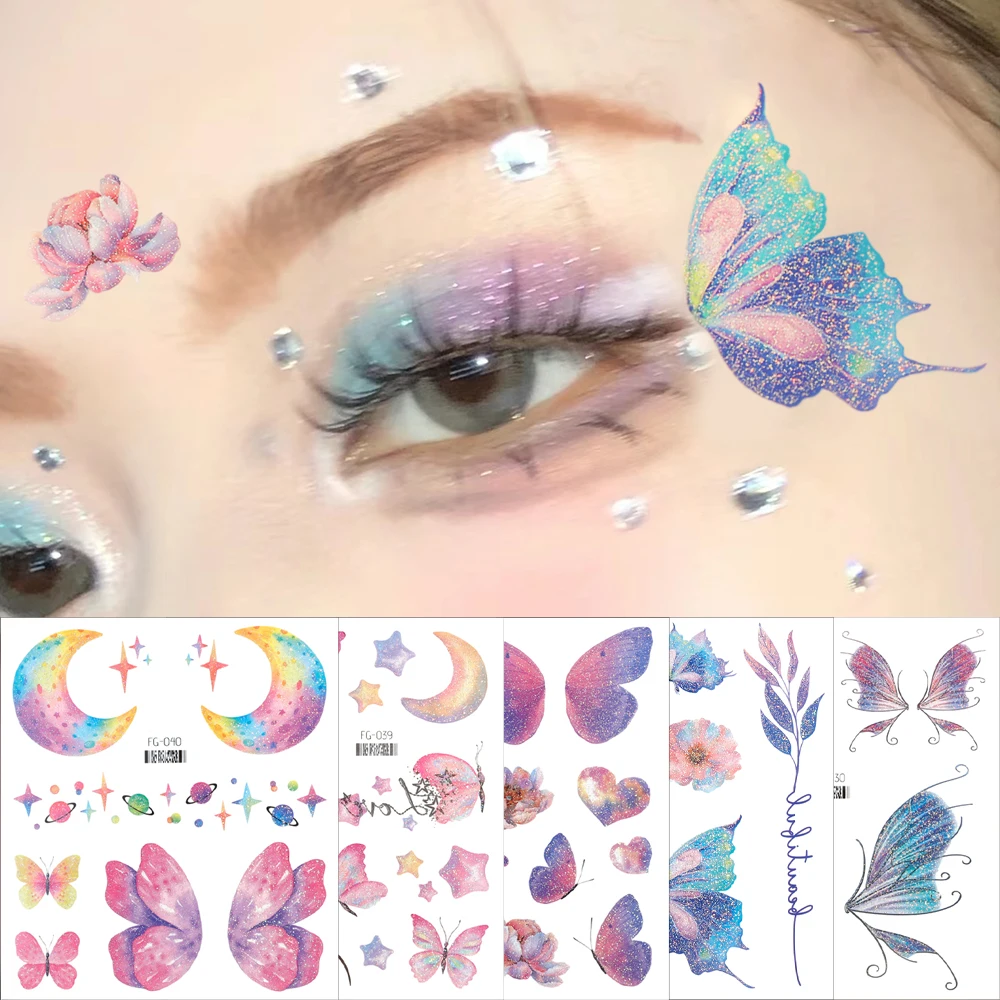 

3D Glitter Butterfly Wings Tattoo Stickers Temporary Waterproof Eyes Face Arm Body Art Moon Fake Tattoos Women Festival Makeup