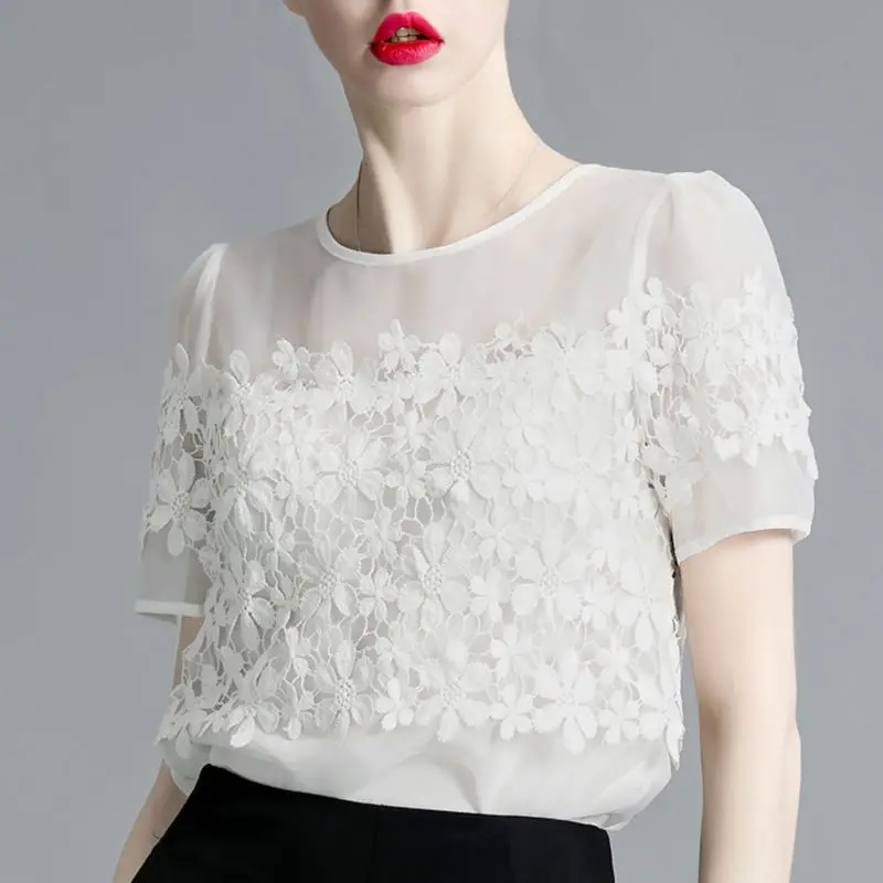 Elegant O-Neck Spliced Gauze Lace Hollow Out T-Shirt Women's Clothing 2023 Summer New Casual Pullovers Short Sleeve Tee Shirt
Elegant O-Neck Spliced Gauze Lace Hollow Out T-Shirt Women's Clothing 2023 Summer New Casual Pullovers Short Sleeve Tee Shirt