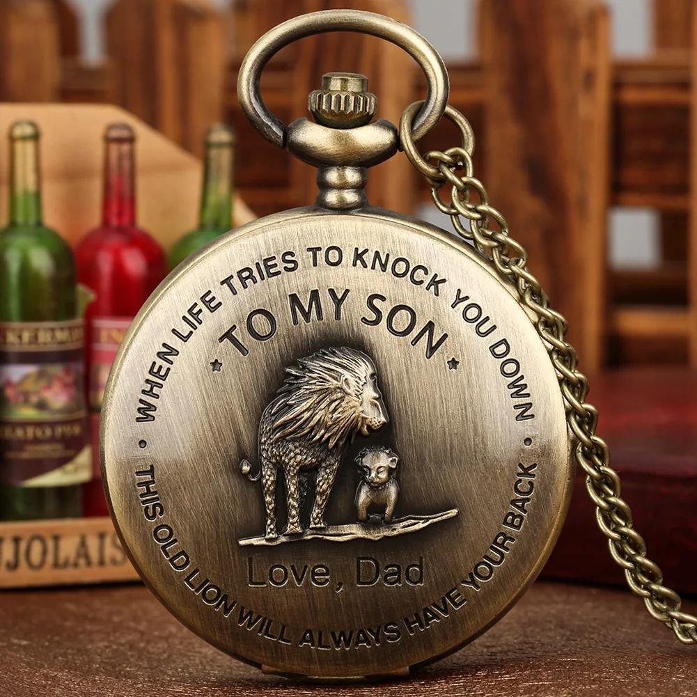 

Bronze Lion To My Son Love Dad Design Customized Quartz Pocket Watch Necklace Chain Pendant Watch Best Gifts for Son Kids Boys