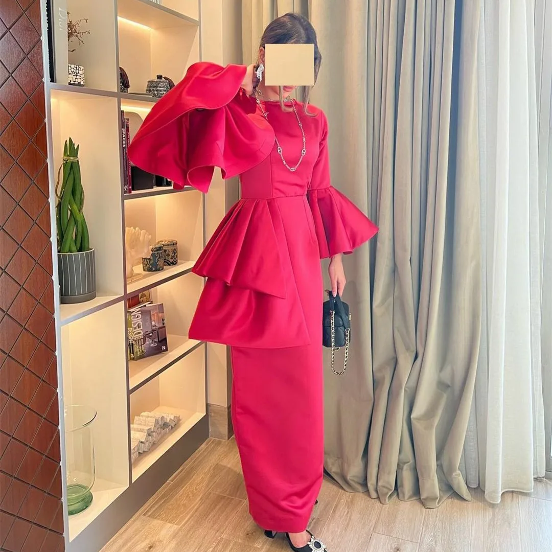 Elegant Long Satin O-Neck Evening Dresses With Peplum فساتين السهرة Sheath Floor Length Ruffled Party Dress for Women
Elegant Long Satin O-Neck Evening Dresses With Peplum فساتين السهرة Sheath Floor Length Ruffled Party Dress for Women