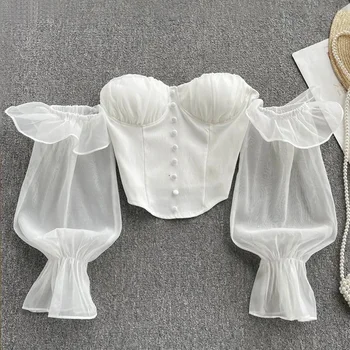 Blusa Casual Moderna de Verão para Mulheres: Elegância e Conforto 7 Summer Off Shoulder Tops Women Long Sleeves Solid Zipper Elastic Waist Tops Spring Fashion Ruffle Short Sexy Shirts