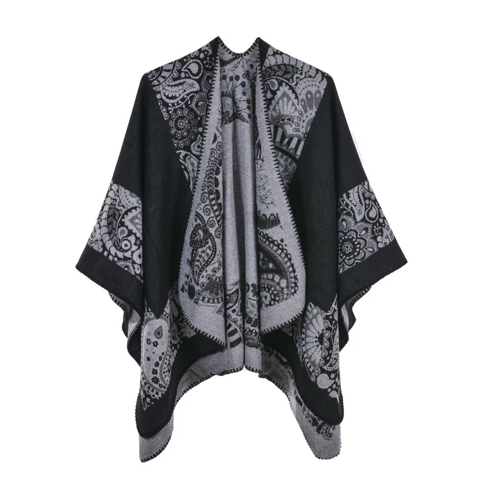 

Autumn Winter Printing Double Faced Double sided Split Warm Cape Women Imitation Cashmere Poncho Lady Capes Black Cloaks