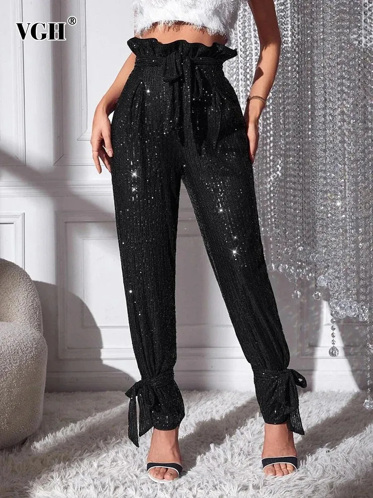 

VGH Solid Patchwork Sequins Casual Pants For Women High Waist Spliced Lace Up Minimalist Loose Trousers Female Fashion Clothes