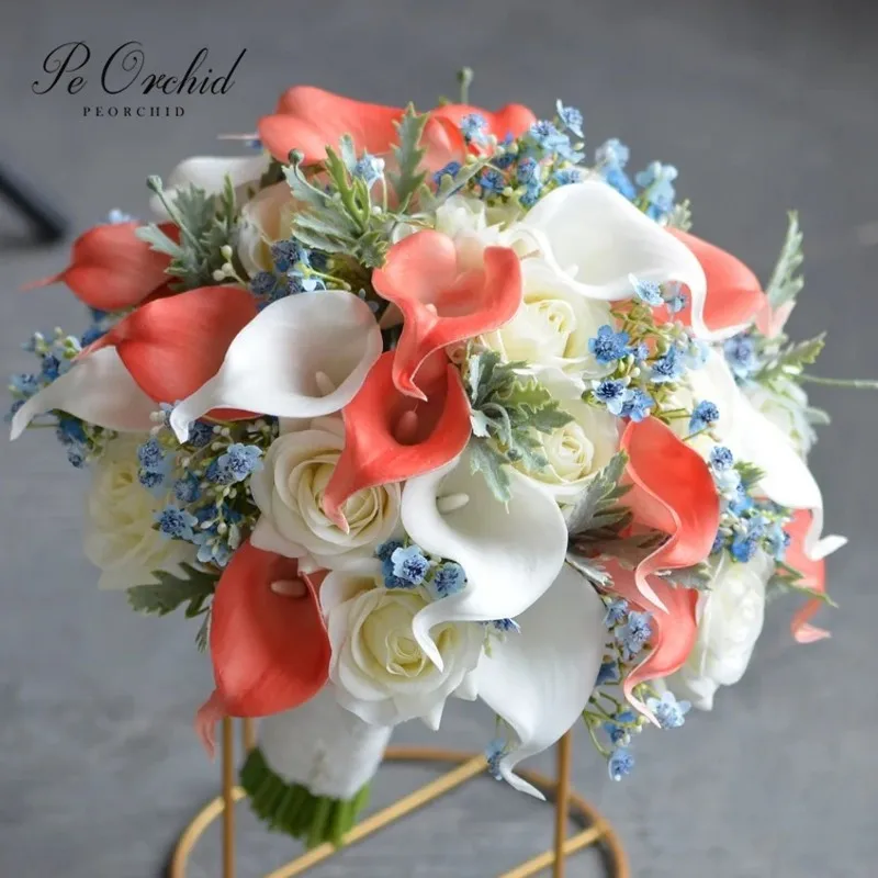 

PEORCHID Coral Bridal Bouquet Rustic Silk Flowers Real Touch Calla Lilies Ivory White Roses Artificial Bride Bouqet 2022
