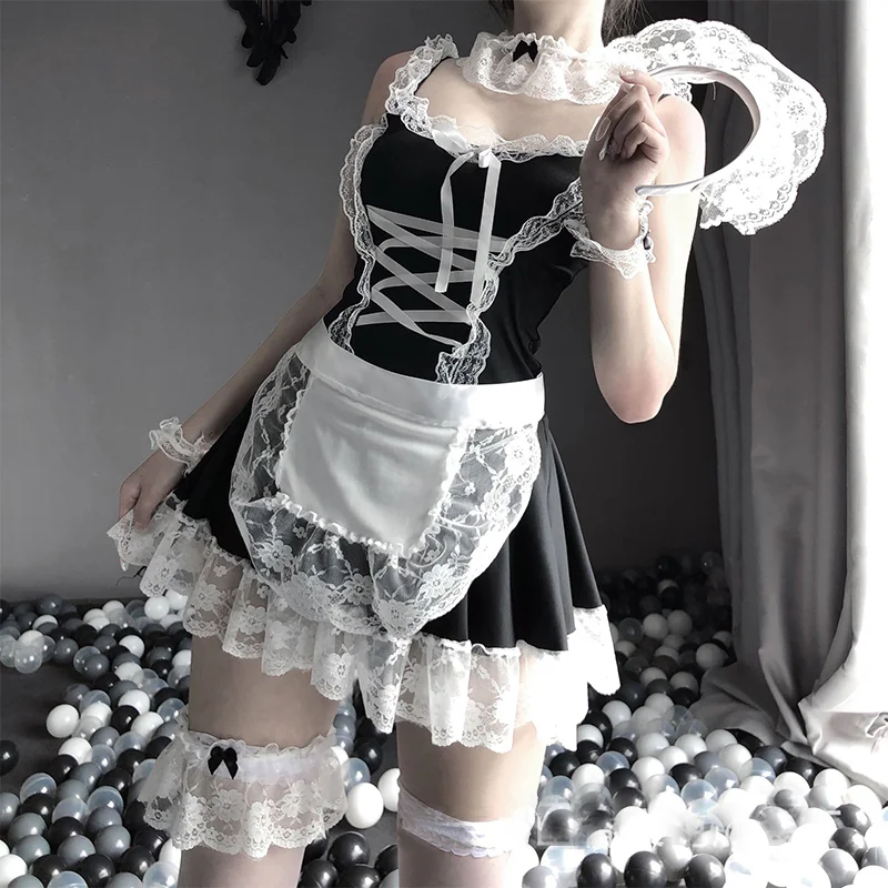 

Sexy Maid Cosplay Costume Kawaii Lace Babydolls Lingerie Lolita RolePlay Outfit Woman Sweet Apron Mini Dress Suit with Choker