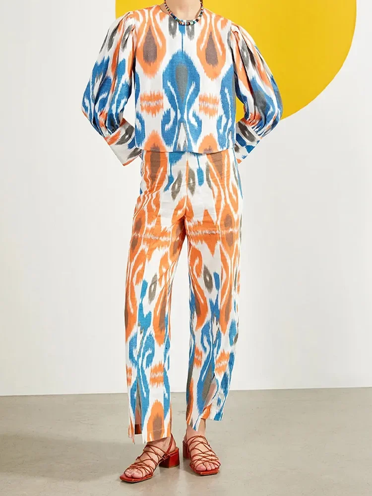 Colorful Print Slit Trousers Suit For Women Chic O-neck Long Sleeve Shirt Loose Straight Pants Set 2024 New Lady Elegant Outfits
Colorful Print Slit Trousers Suit For Women Chic O-neck Long Sleeve Shirt Loose Straight Pants Set 2024 New Lady Elegant Outfits