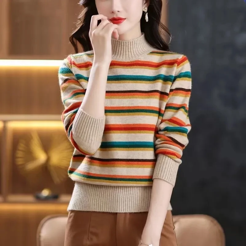 

Half Turtleneck Striped Sweater Women Autumn Winter Add Velvet/ No Velvet Knitted Sweater Fashion Color Matching Pullover Jumper