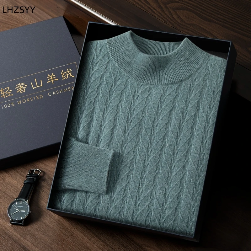 

LHZSYY Autumn Winter 100%Pure Cashmere Sweater Men High-Neck Jacquard Pullovers Youth Casual Plus-Size Tops Warm Knit Shirt Tide