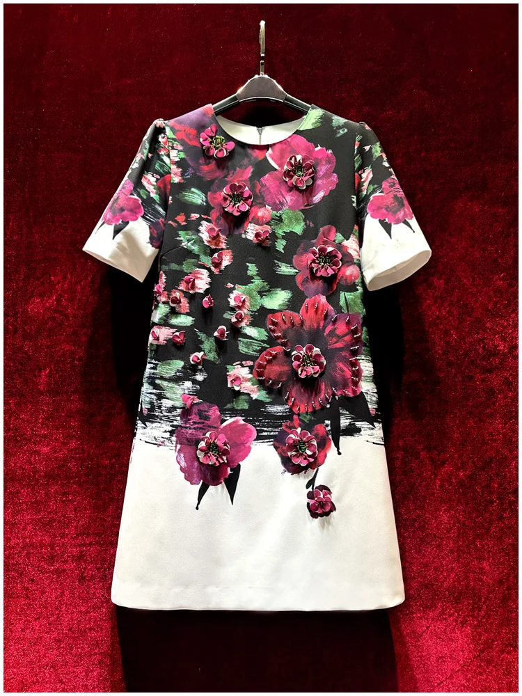 

Europe and the United States women's 2024 summer new Short sleeve beaded three-dimensional flower printing fashion Dress XXL