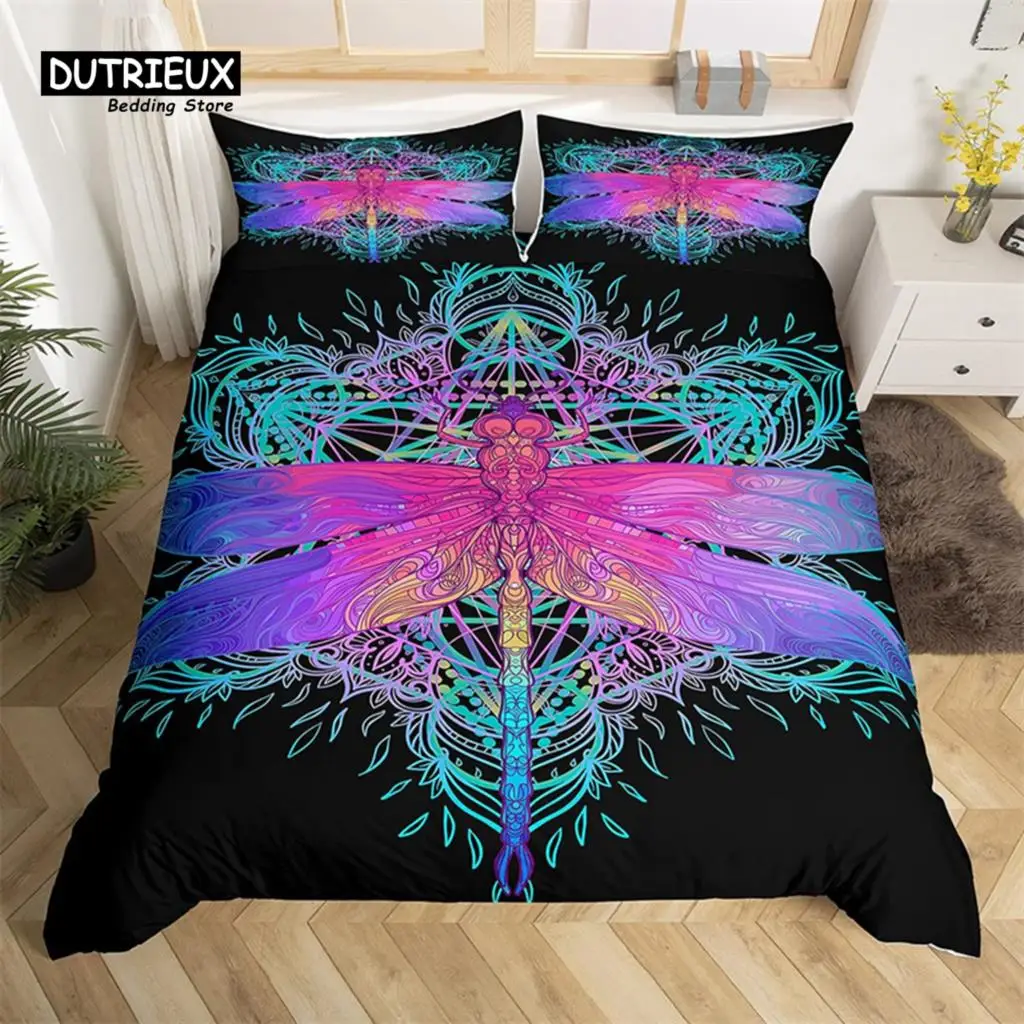 

Dragonfly Duvet Cover Set King Queen Size Chic Animal Comforter Cover Microfiber Bohemia Mandala Bedding Set Flowers Bed Cover