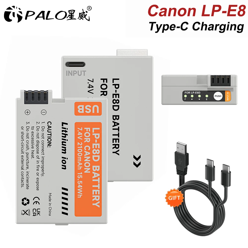 

PALO 2100mah LP-E8 LP E8 LPE8 Battery with Type-C Input for Canon EOS 550D 600D 650D 700D X4 X5 X6i X7i T2i T3i T4i T5i camera