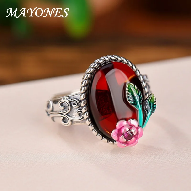 

S925 Sterling Silver Blood Pearl Vintage Ruyi Peony Honey Wax Ring Women's Temperament Egg Face Twisted Pattern Open Ring