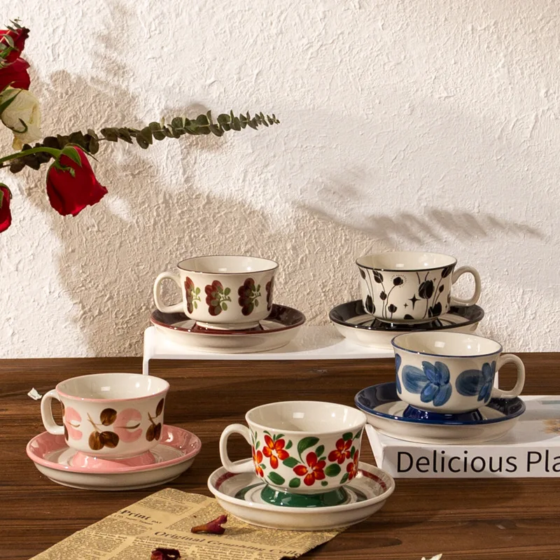 

Chinese Ancient Style Coffee Cups with Plates, Hand Painted Ceramic Afternoon Tea Cups Set, Light Luxury Retro High-End Mugs