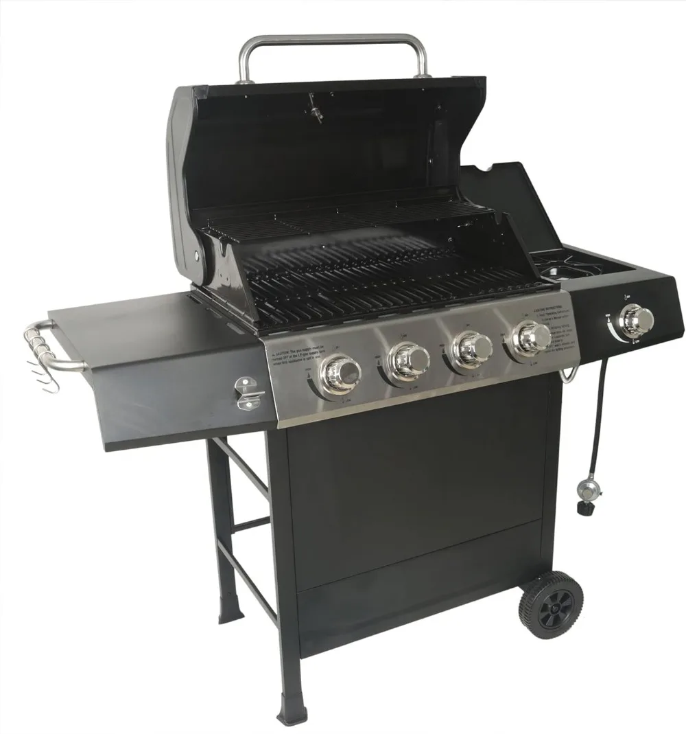 

Grill Boss Outdoor BBQ 4 Burner Propane Gas Grill for Barbecue Cooking with Side Burner, Lid, Wheels, Shelves and Bottle Opener