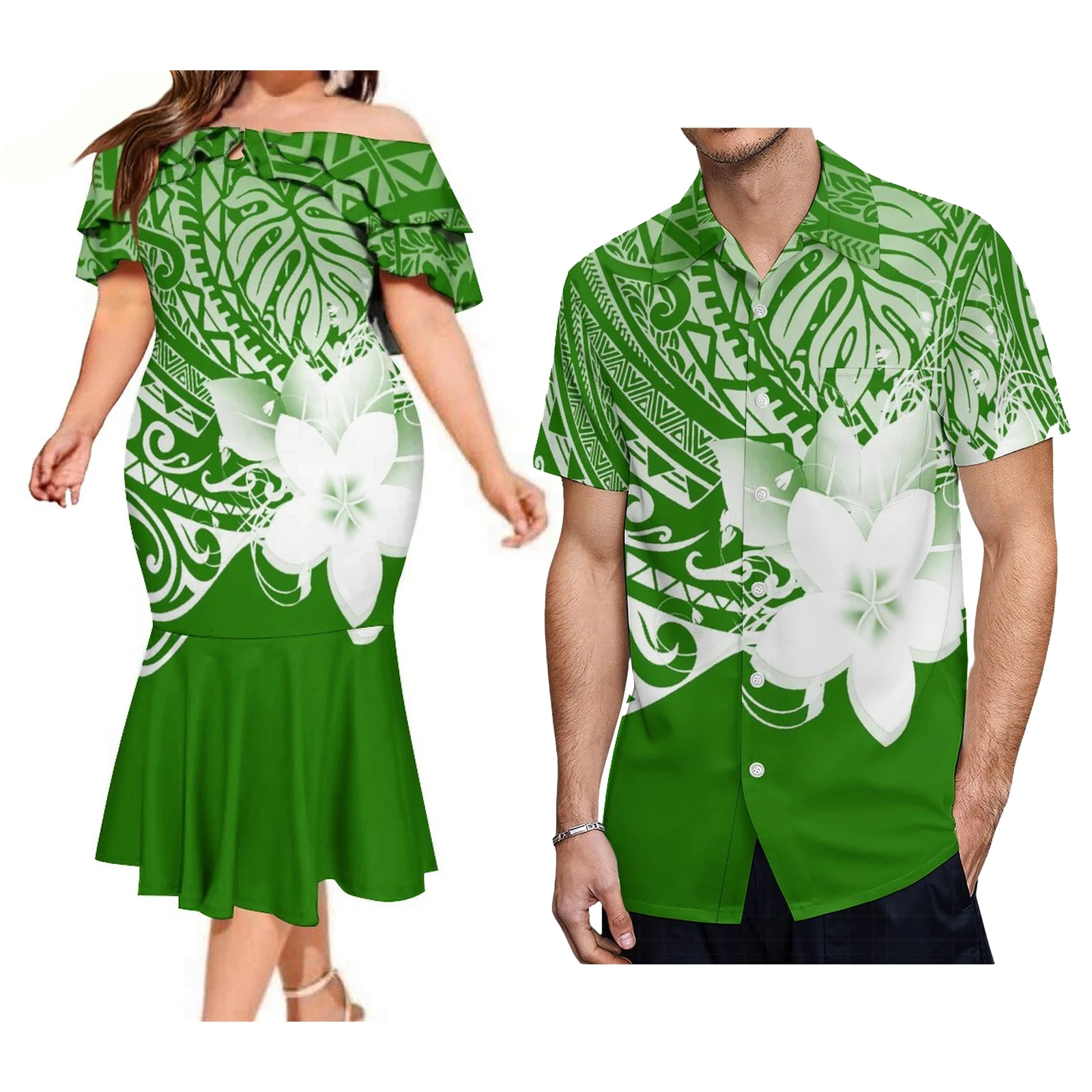 

2023 Women'S Off-The-Shoulder Dress Party Ruffled Fishtail Dress Hawaiian Polynesian Tribe Design Couple Suit With Men'S Shirt