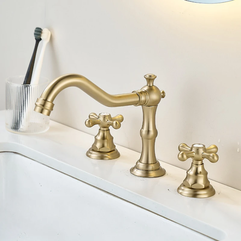 

Split Type Brushed Gold Faucet Bathroom Sink Faucet Retro Style Brass Bathroom Faucet Hot and Cold Mixer Tap Washbasin Faucets