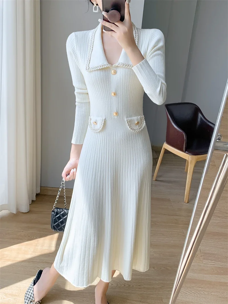 

NMZM2023 Autumn/Winter Women's Sweater Dress New Button High Waist Long Knitted A-line Dress