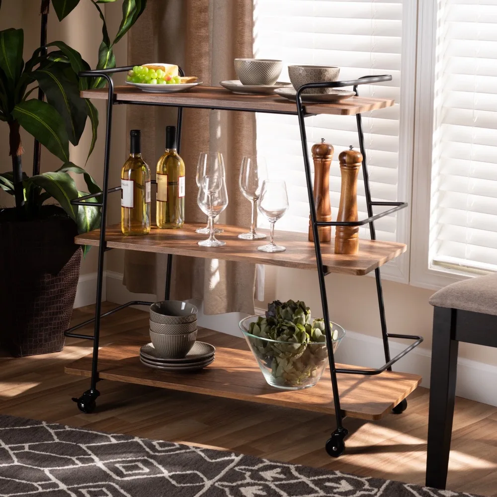 Bar cabinet cart, industrial black metal and walnut finished wood three-layer mobile bar cart, kitchen movable wine rack
Bar cabinet cart, industrial black metal and walnut finished wood three-layer mobile bar cart, kitchen movable wine rack