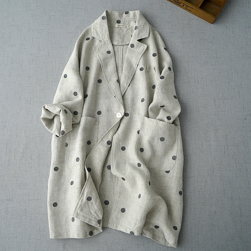 

Spring Autumn Women Casual All-match Loose Japanese Style Brief Comfortable Water Washed Linen Polka Dots Blazer Coats