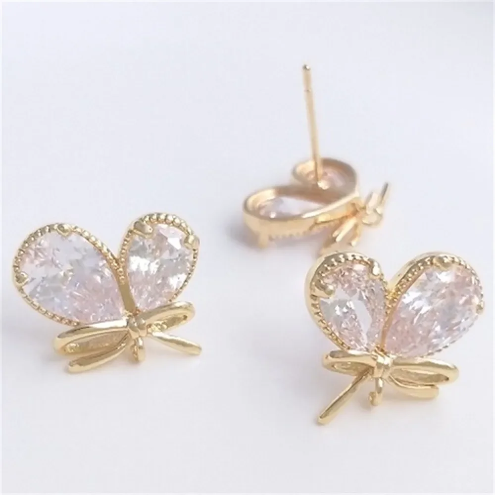 

14K Gold Filled Large Water Drops Zircon Butterfly with Sling Studs Earrings 925 Silver Needle Handmade DIY Earrings Ear Jewelry