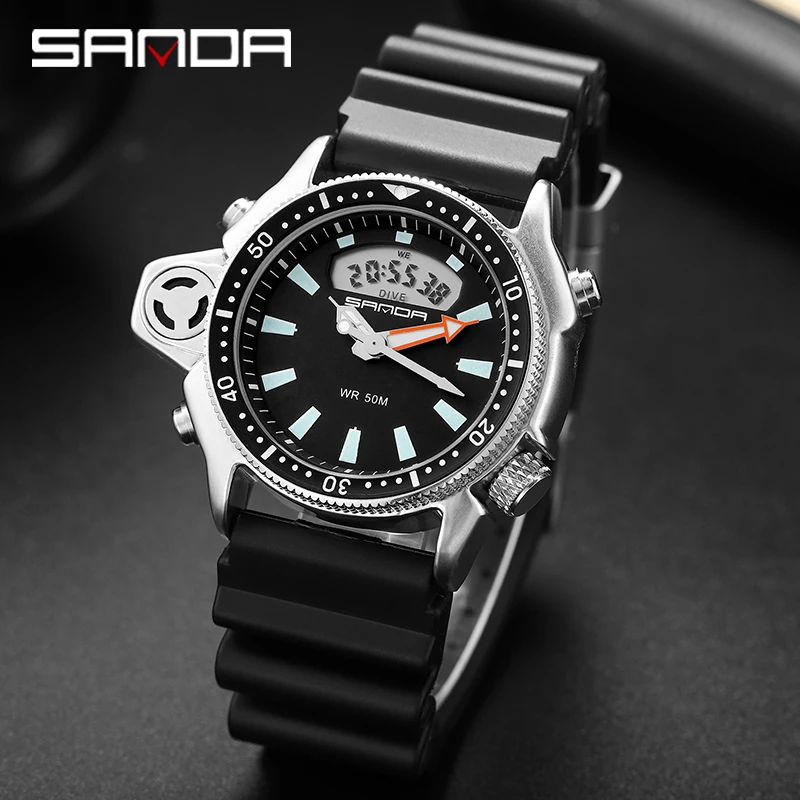

SANDA Sport Men Quartz LED Digital Watch Creative Diving Watches Men Waterproof Alarm Watch Dual Display Clock Relogio Masculino