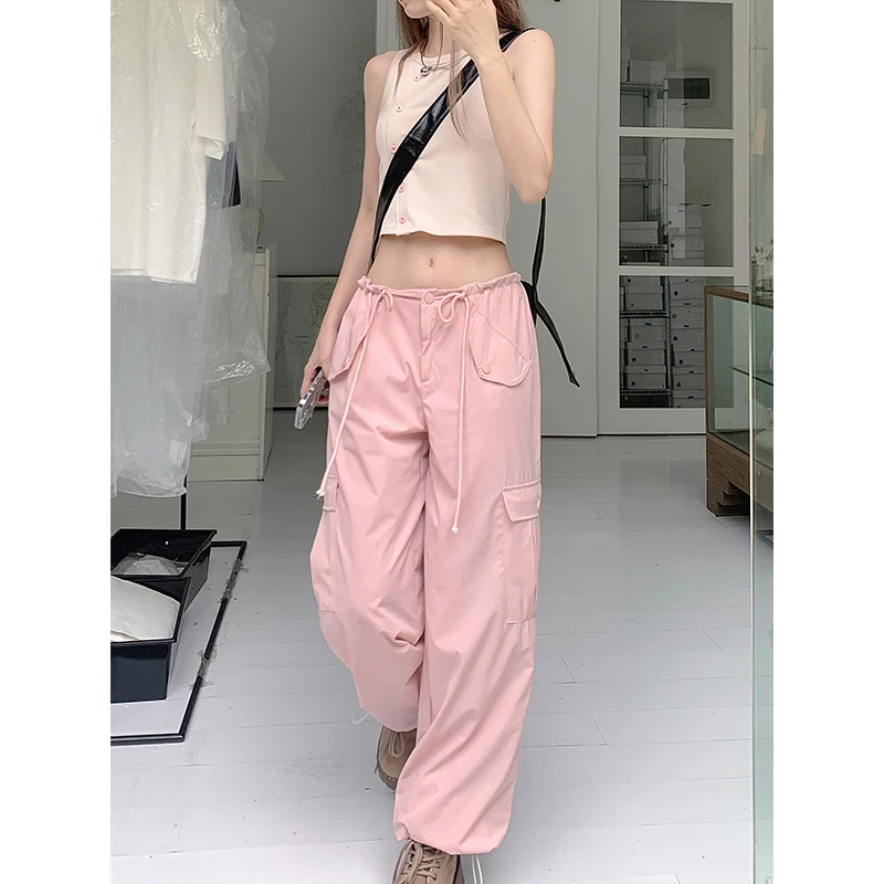 

Women Bottoms Pink Cargo Jeans Vintage Lacing Wide Leg Pants High Waist Casual Baggy Fashion Denim Trouser Ladies Summer