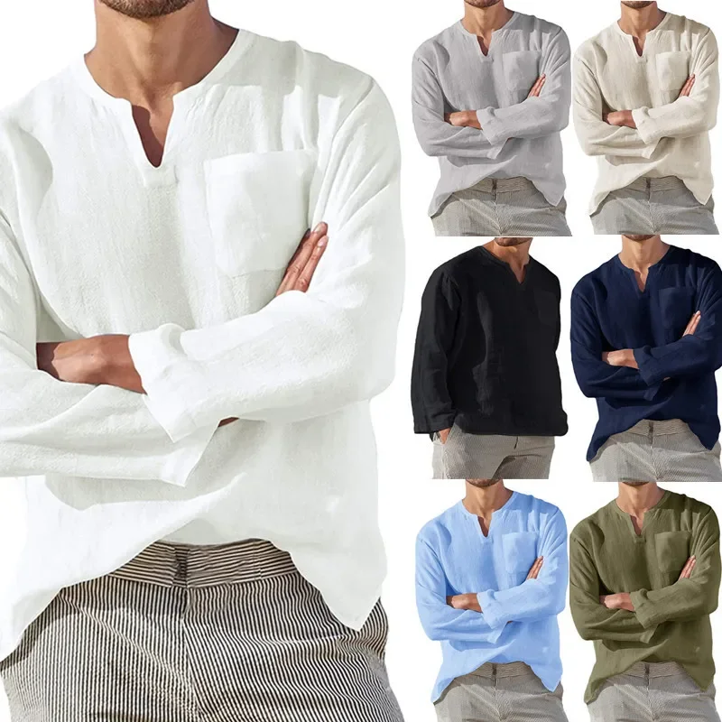 

New Linen Shirt Men Brief Breathable Comfy Solid Color Long Sleeve Harajuku Casual Blouse Hawaiian Shirt Oversize Tops S-5XL