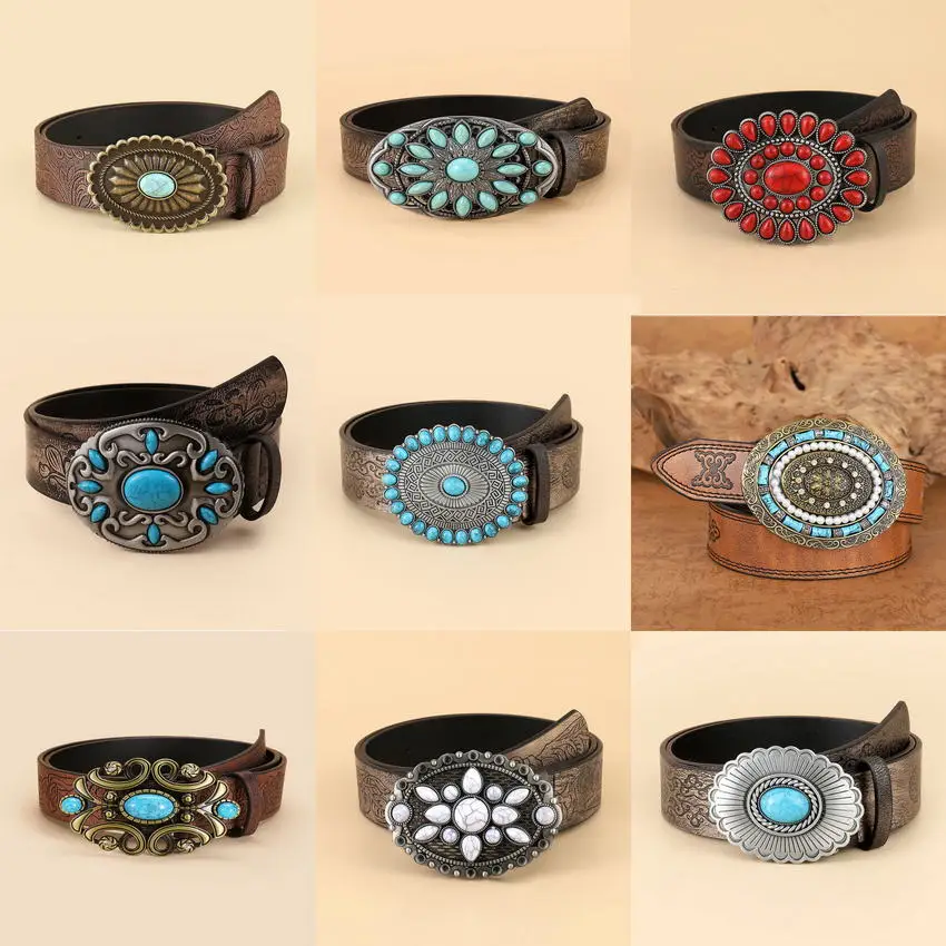 100-115 cm Vintage Western Embossed Leather Turquoise Concho Belt for Women Brown Oval Buckle Decorative Belt Wholesale
100-115 cm Vintage Western Embossed Leather Turquoise Concho Belt for Women Brown Oval Buckle Decorative Belt Wholesale
